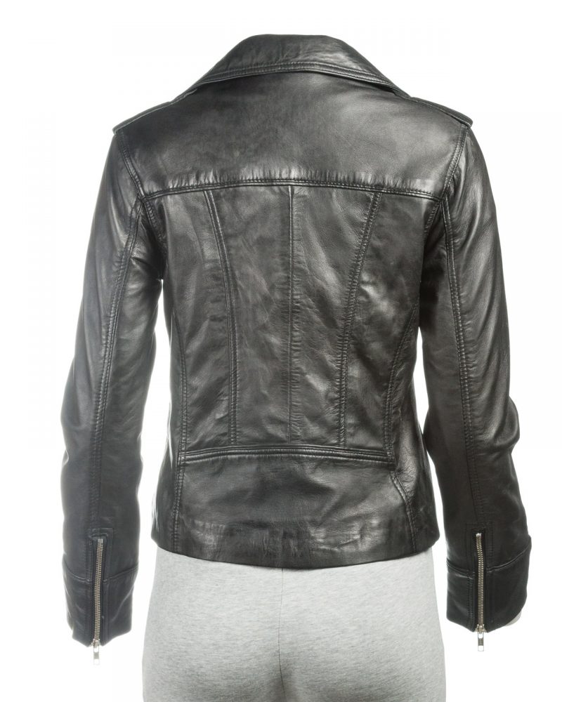 Ladies Black Short Biker Style Leather Jacket | Saffiano Leather