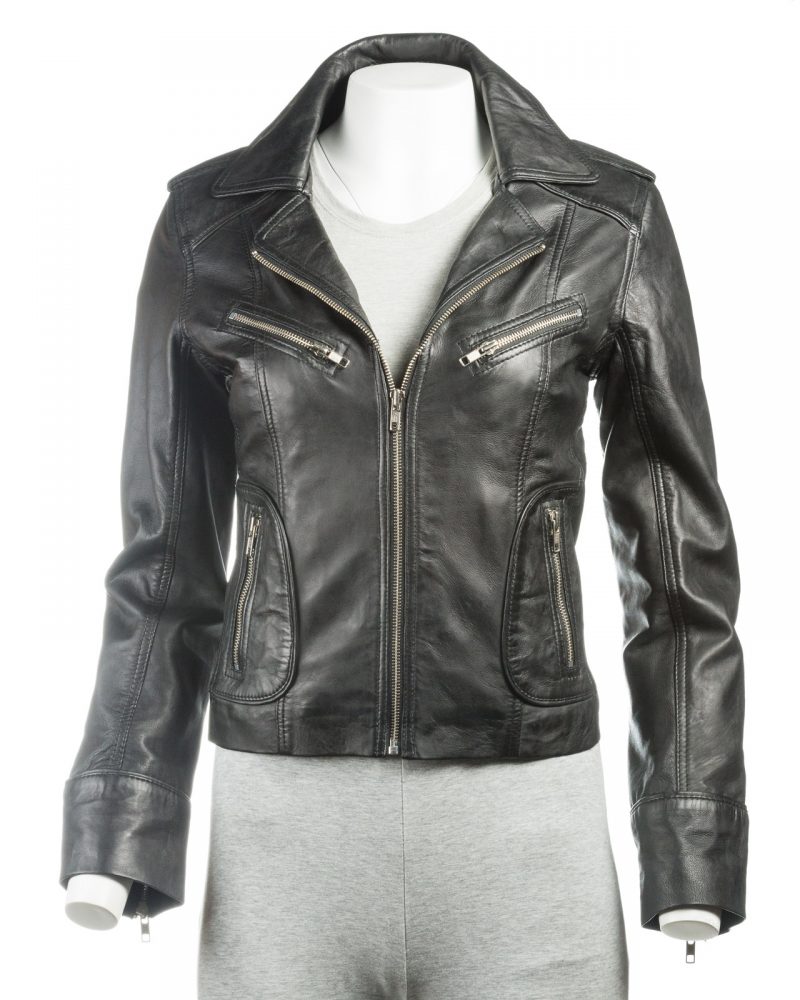Ladies Black Short Biker Style Leather Jacket