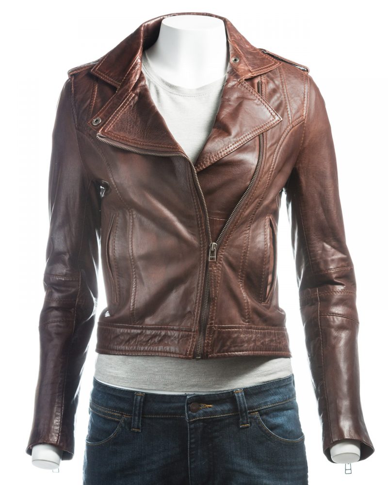 Ladies Brown Short And Simple Asymmetric Biker Style Leather Jacket