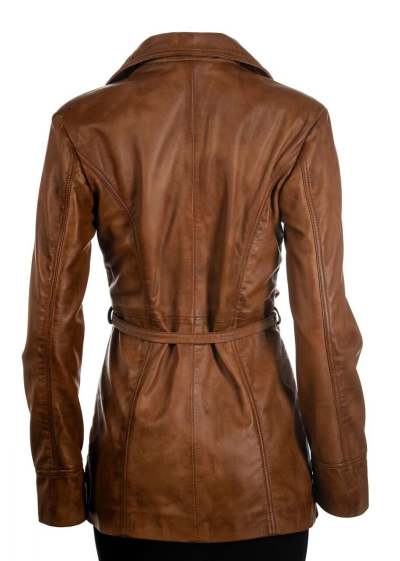 Ladies Cognac Tan Mid Length Zip Up Belted Leather Coat