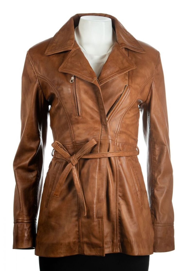 Ladies Cognac Tan Mid Length Zip Up Belted Leather Coat