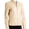 Ladies Cream Beige Plain Short Zipped Leather Jacket