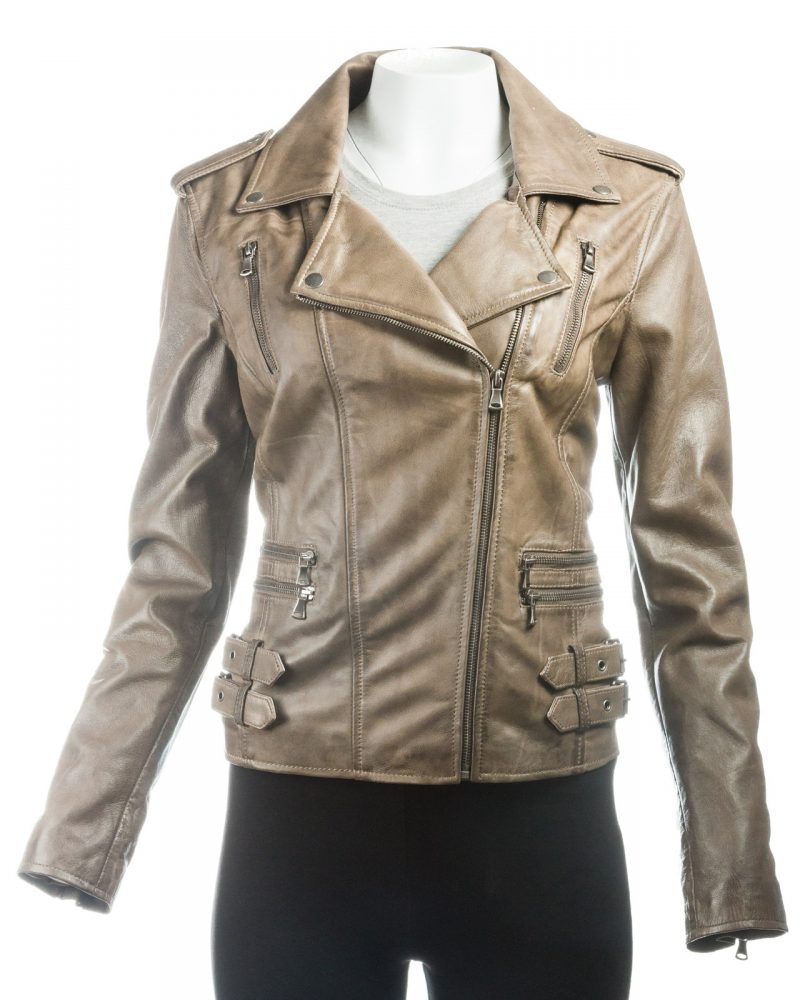 Ladies Olive Buckled Asymmetric Biker Style Leather Jacket