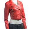 Ladies Red Short Collared Slim Fit Leather Biker Style Jacket
