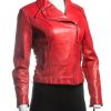 Ladies Red Stud Detail Slim Fit Biker Style Leather Jacket