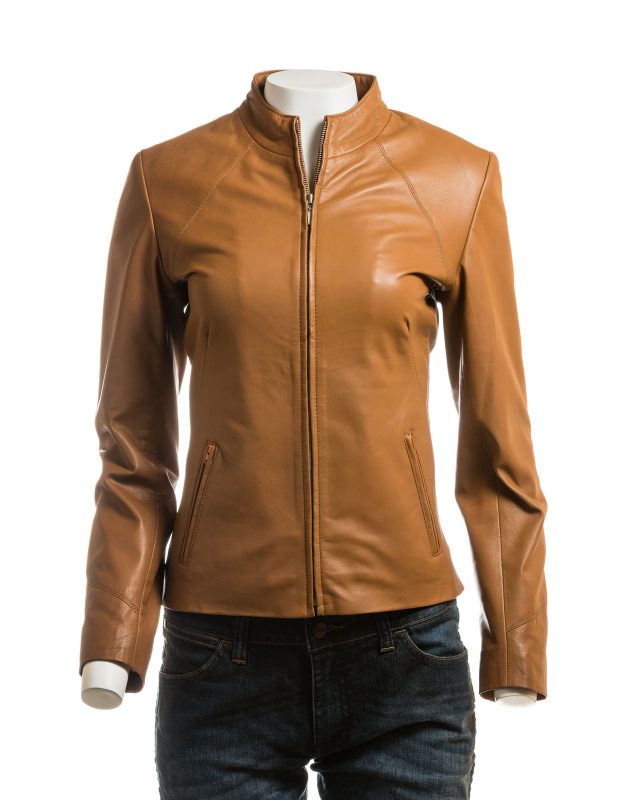 Ladies Tan Plain Short Zipped Leather Jacket | Saffiano Leather