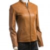 Ladies Tan Plain Short Zipped Leather Jacket