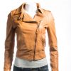 Ladies Tan Short And Simple Asymmetric Biker Style Leather Jacket