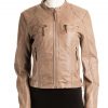 Ladies Taupe Biker Style Leather Jacket