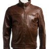 Men's Brown Funnel Neck Leather Jacket