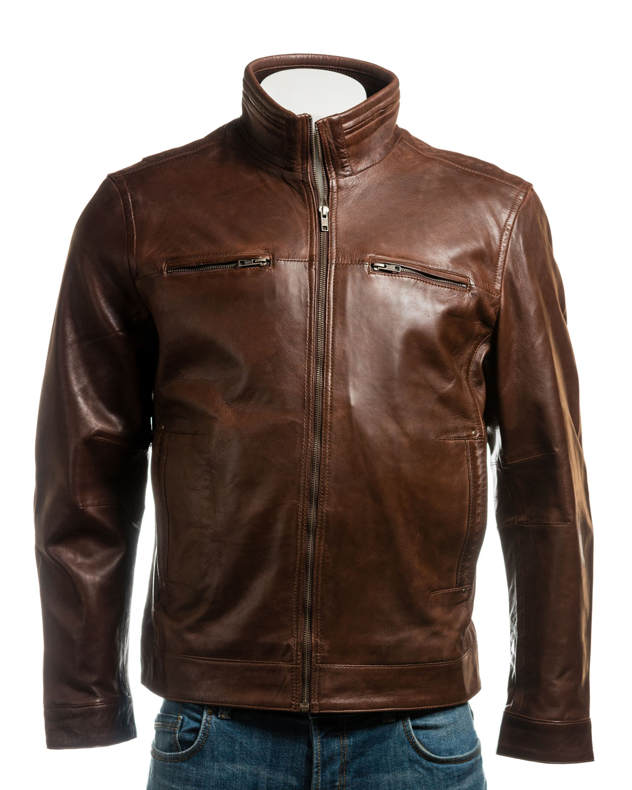 Men's Brown Funnel Neck Leather Jacket | Saffiano Leather