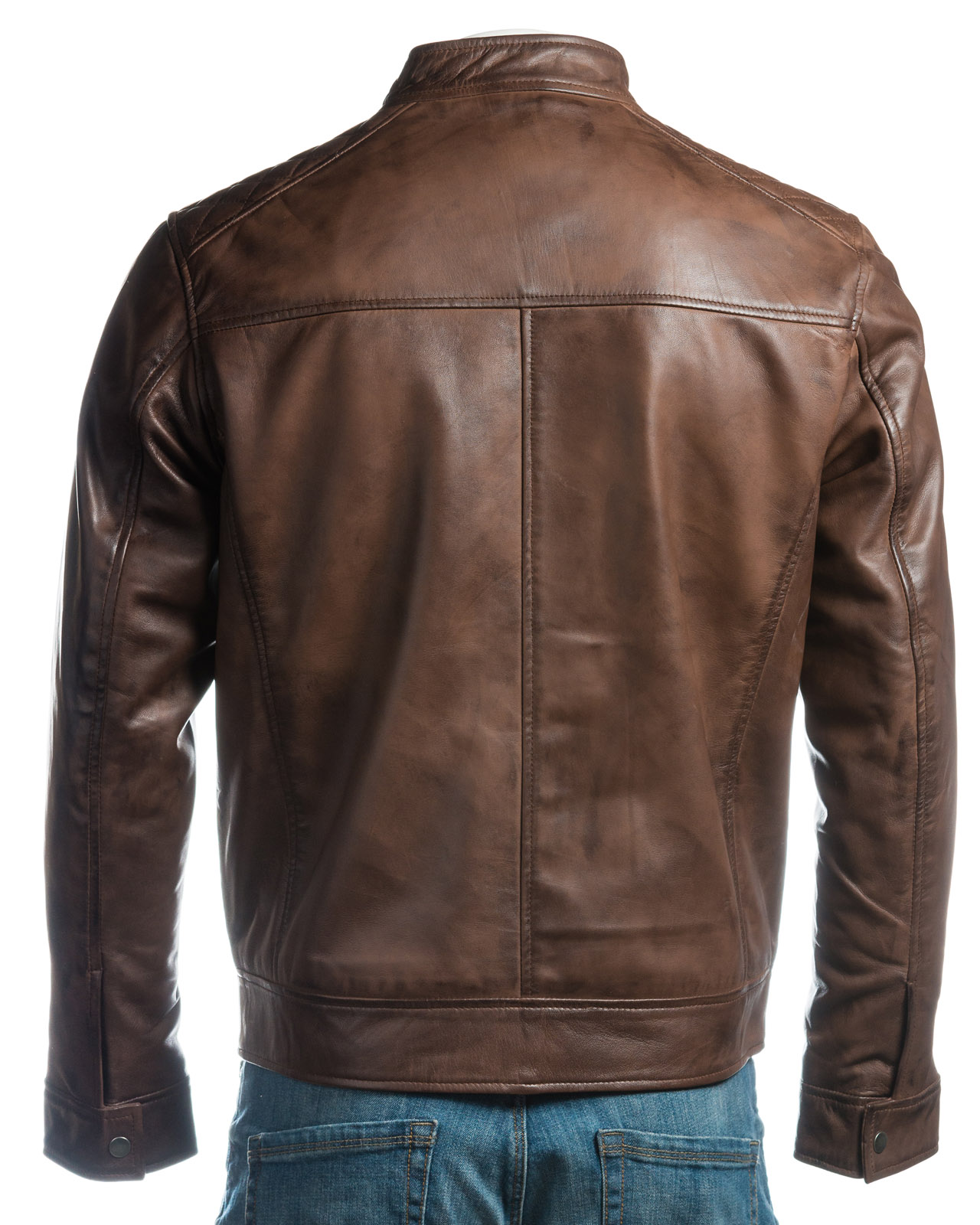 Men's Brown Slim Fit Racer Style Leather Jacket | Saffiano Leather
