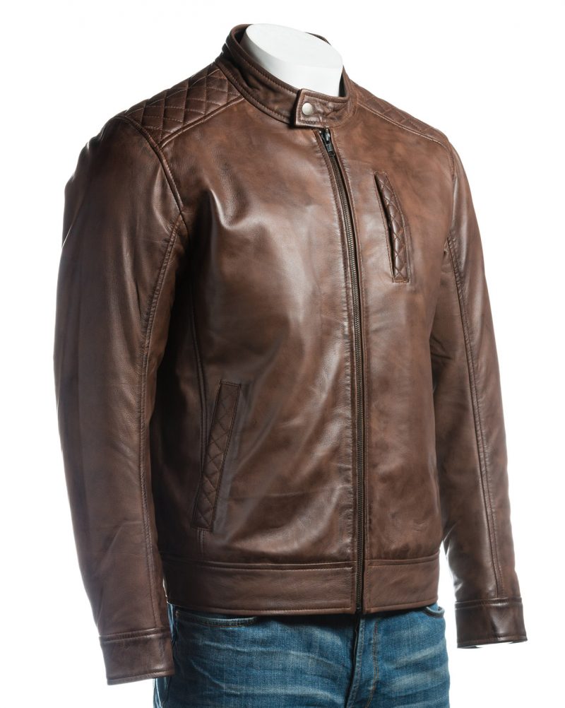 Men's Brown Slim Fit Racer Style Leather Jacket | Saffiano Leather