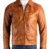 Mens Tan Collared Straightzip Leather Jacket