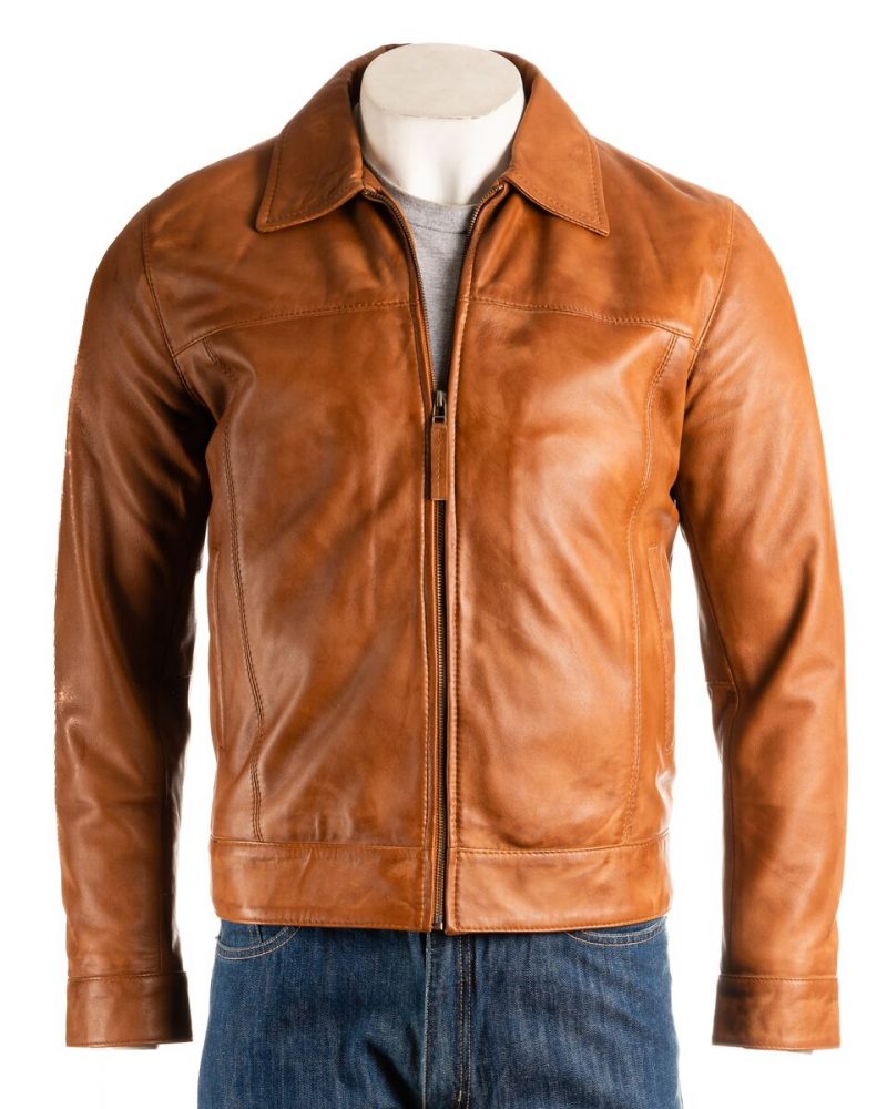 Mens Tan Collared Straightzip Leather Jacket