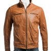 Men's Tan Funnel Neck Leather Jacket