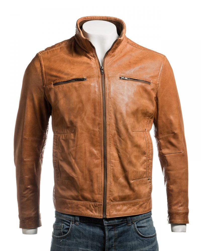Men's Tan Funnel Neck Leather Jacket