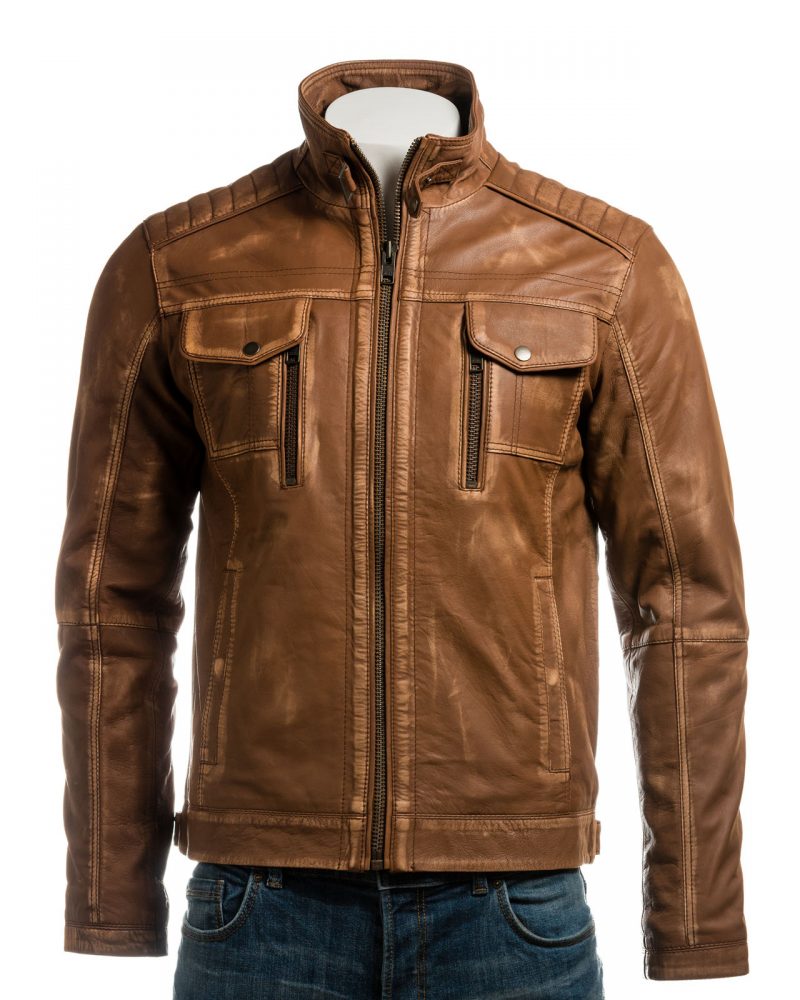 Men's Tan Vintage Biker Style Leather Jacket