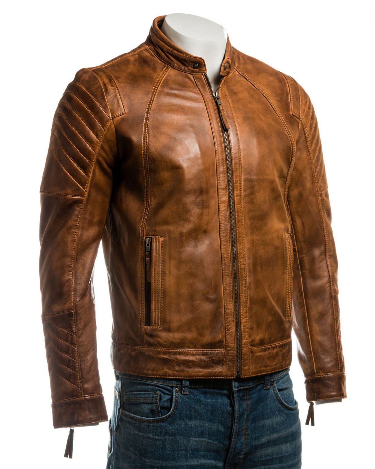Men's Tan Funnel Neck Leather Jacket | Saffiano Leather
