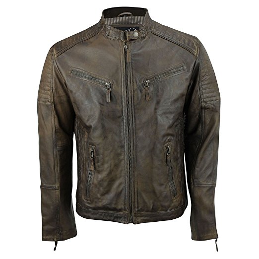 Xposed Mens Real Leather Fitted Brown Retro Biker Jacket