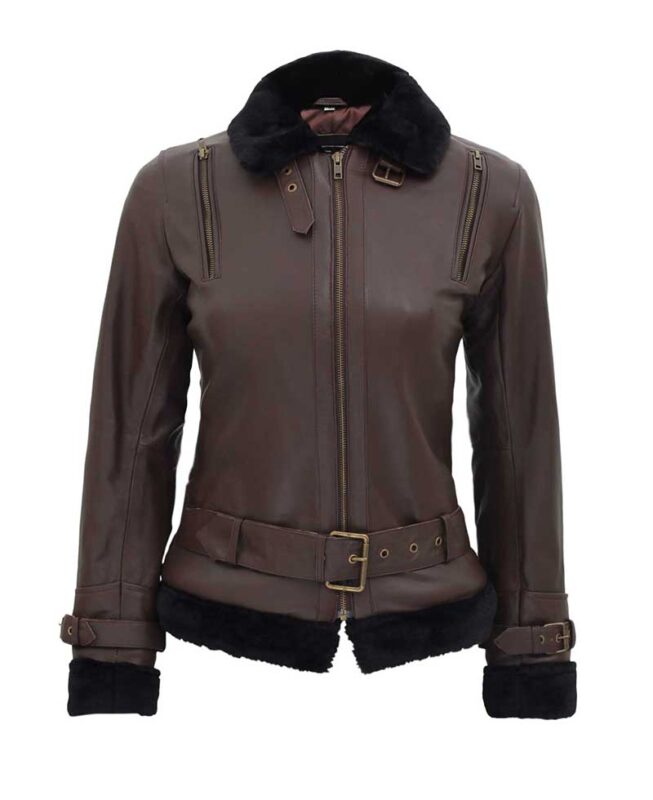 Gertrude Belted Leather Brown Shearling Jacket Women's