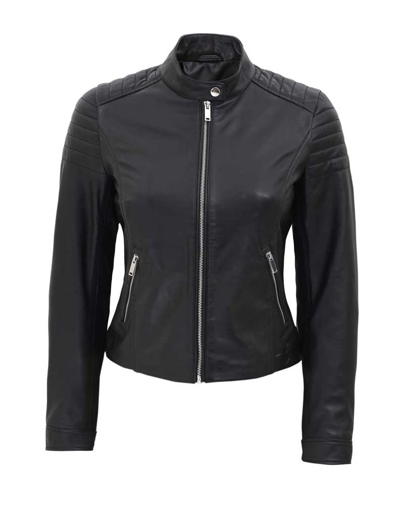 Ladies Black Biker Style Leather Jacket | Saffiano Leather